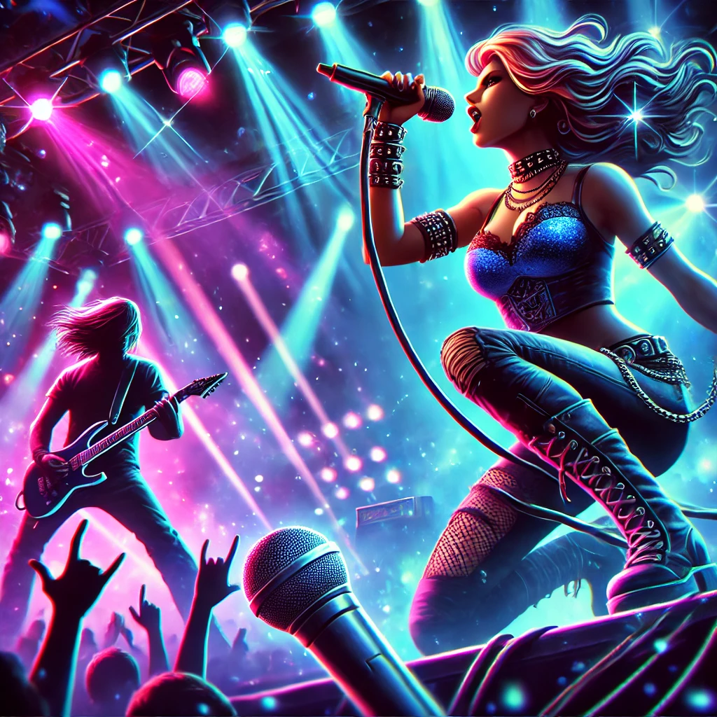 rock concert theme, featuring a dynamic female lead singer with a microphone, a guitarist